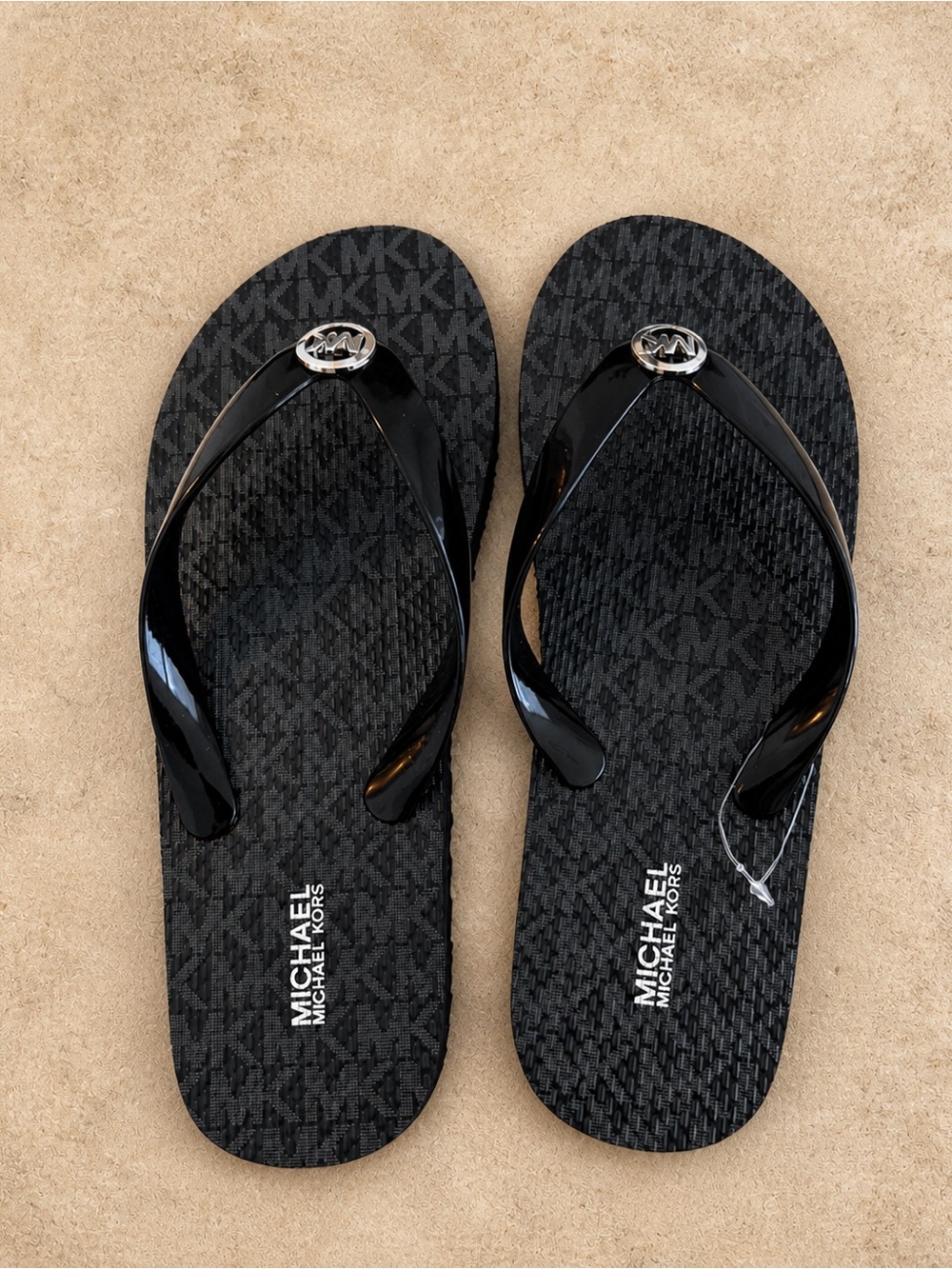 Michael Kors Black MK Logo Patent Strap Flip Flops